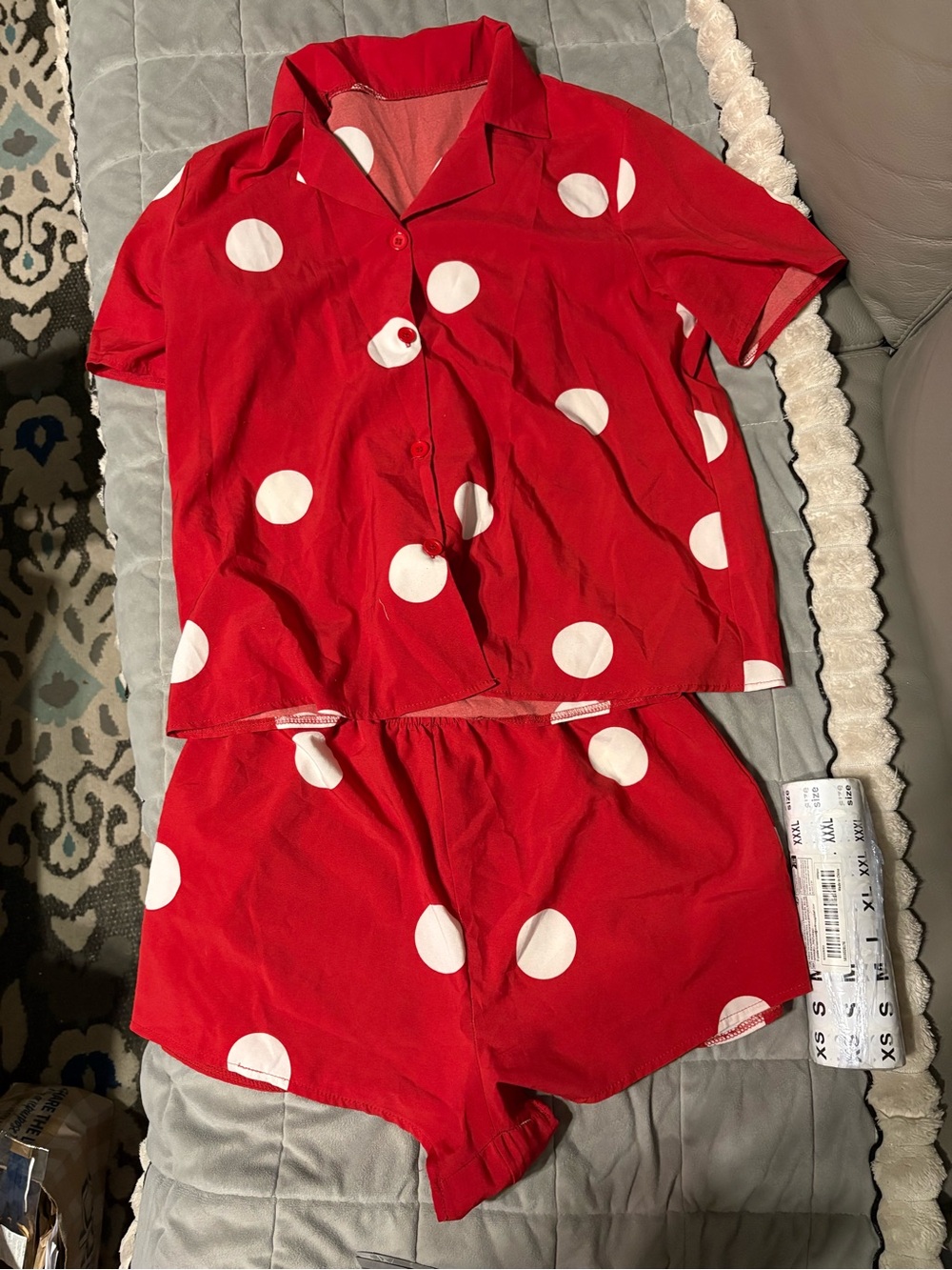 Womens Red/White Polka Dot Button-Up Collared Pajama Set Shorts L